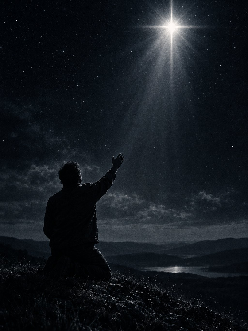 A figure kneeling on a dark hillside reaching toward a radiant star in the night sky