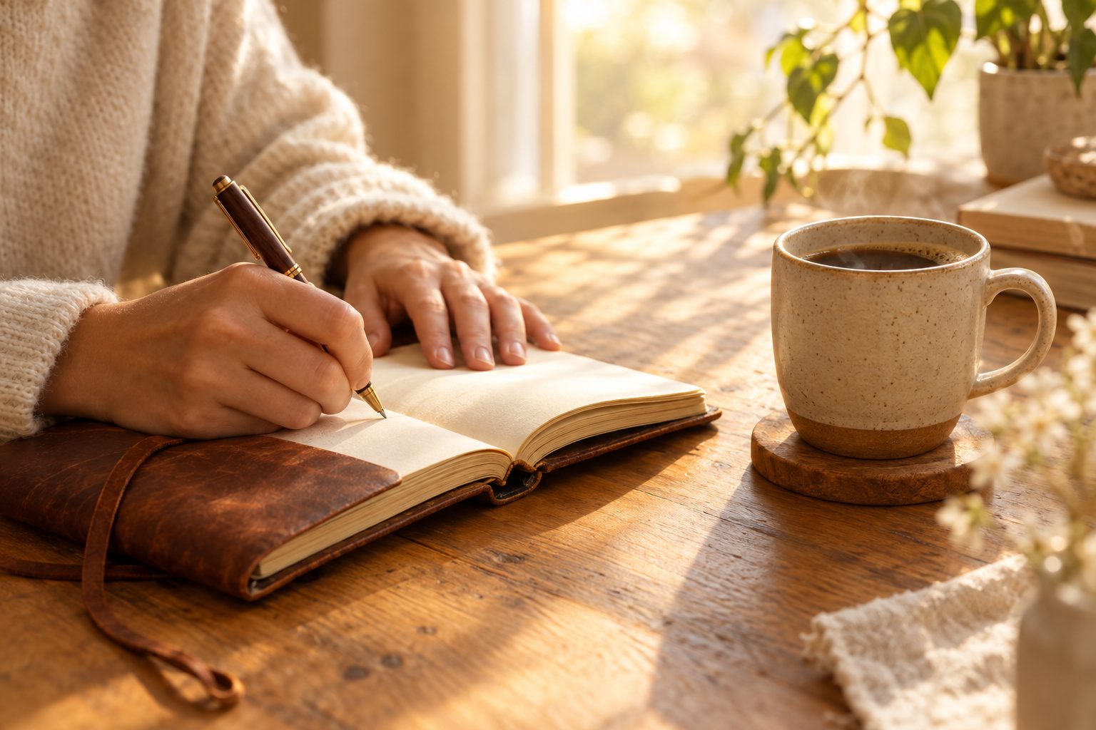 Hands writing in a journal beside a warm cup of coffee in morning light