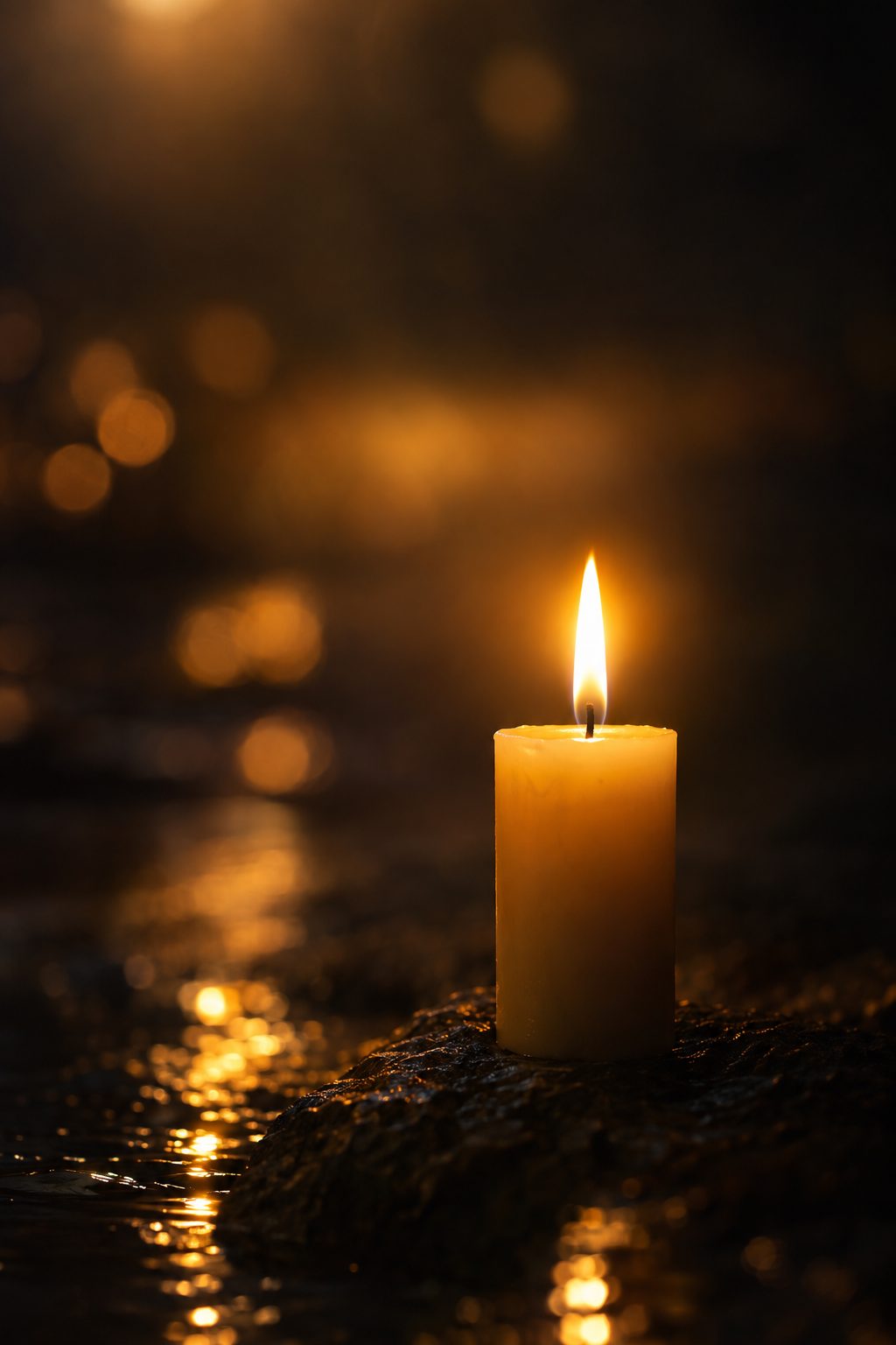 A single lit candle glowing warm against darkness